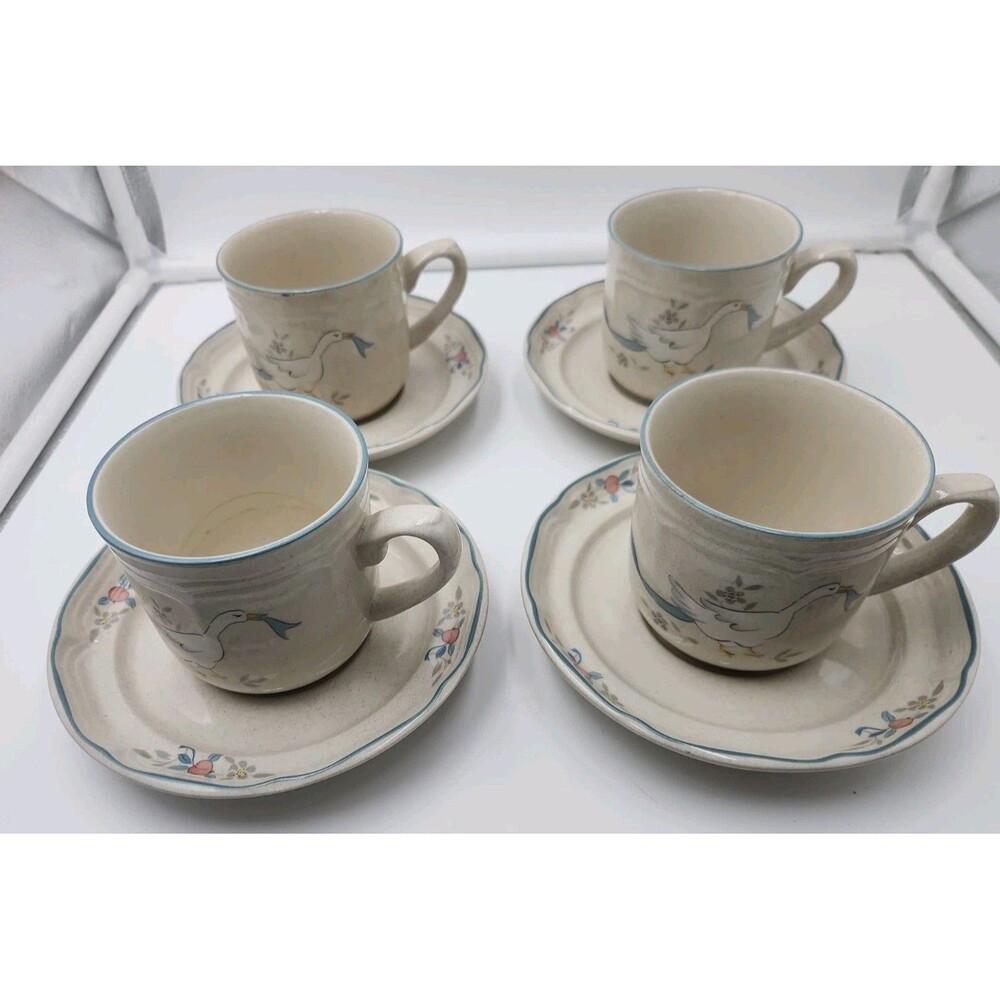 Vintage International Stoneware Marmalade Goose Cups & Saucers Set 4 Japan EUC